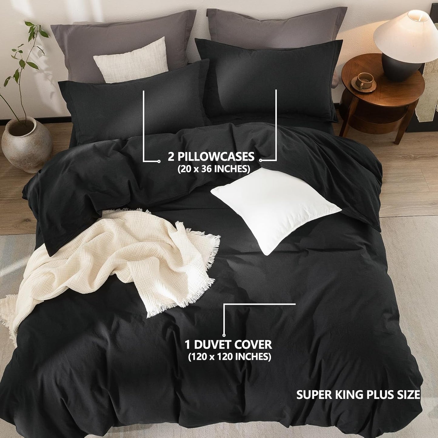 Black Duvet Cover Super King Plus Size 100% Washed Cotton Bedding Set Cover 1 Duvet Cover with Zipper Closure and 2 Pillowcases, 120inch x 120inch