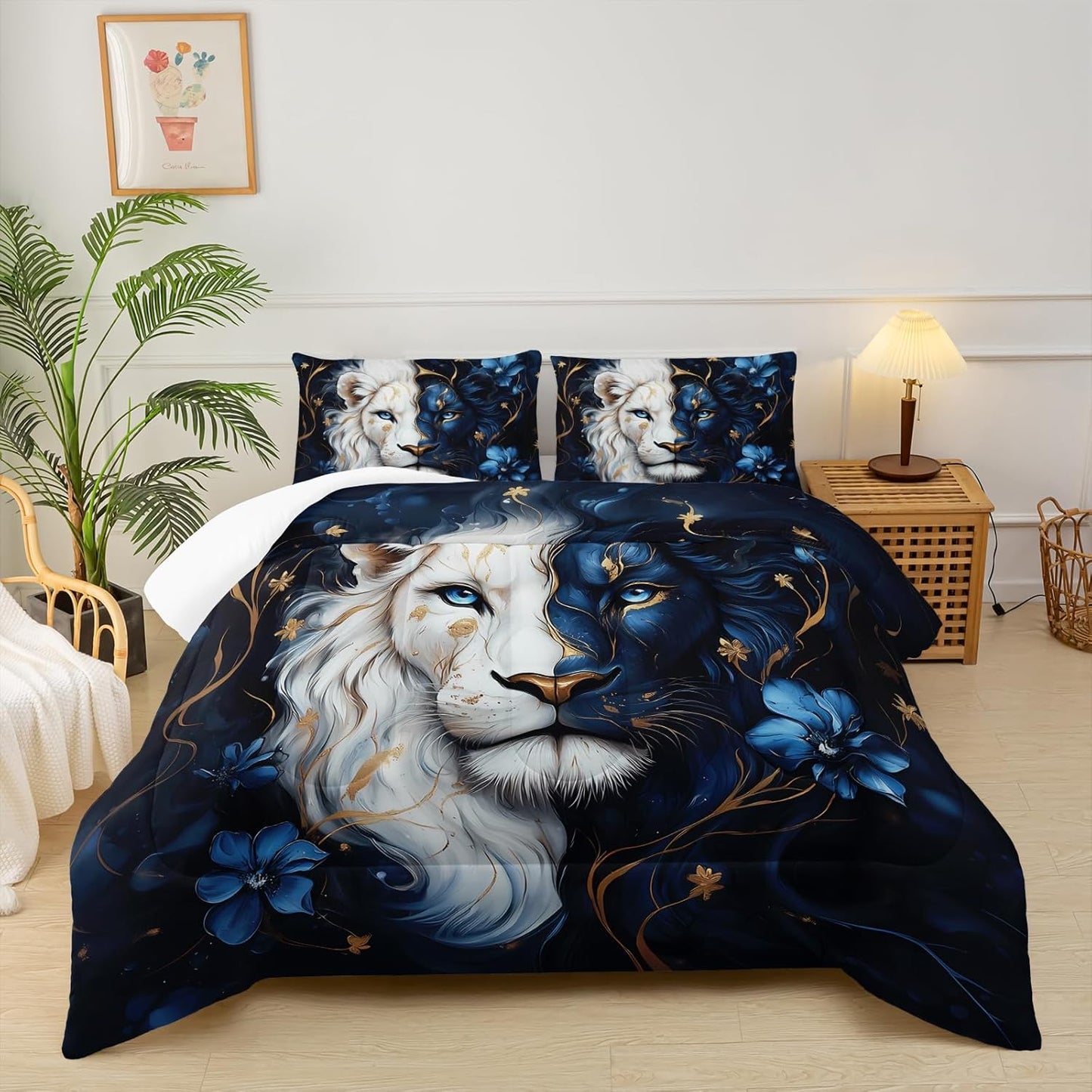 Black and Gold Flower Lion Comforter Set Full Size，Animal Print Full Size Bedding Set for Boy，with 1 Comforter with 2 Pillow Case