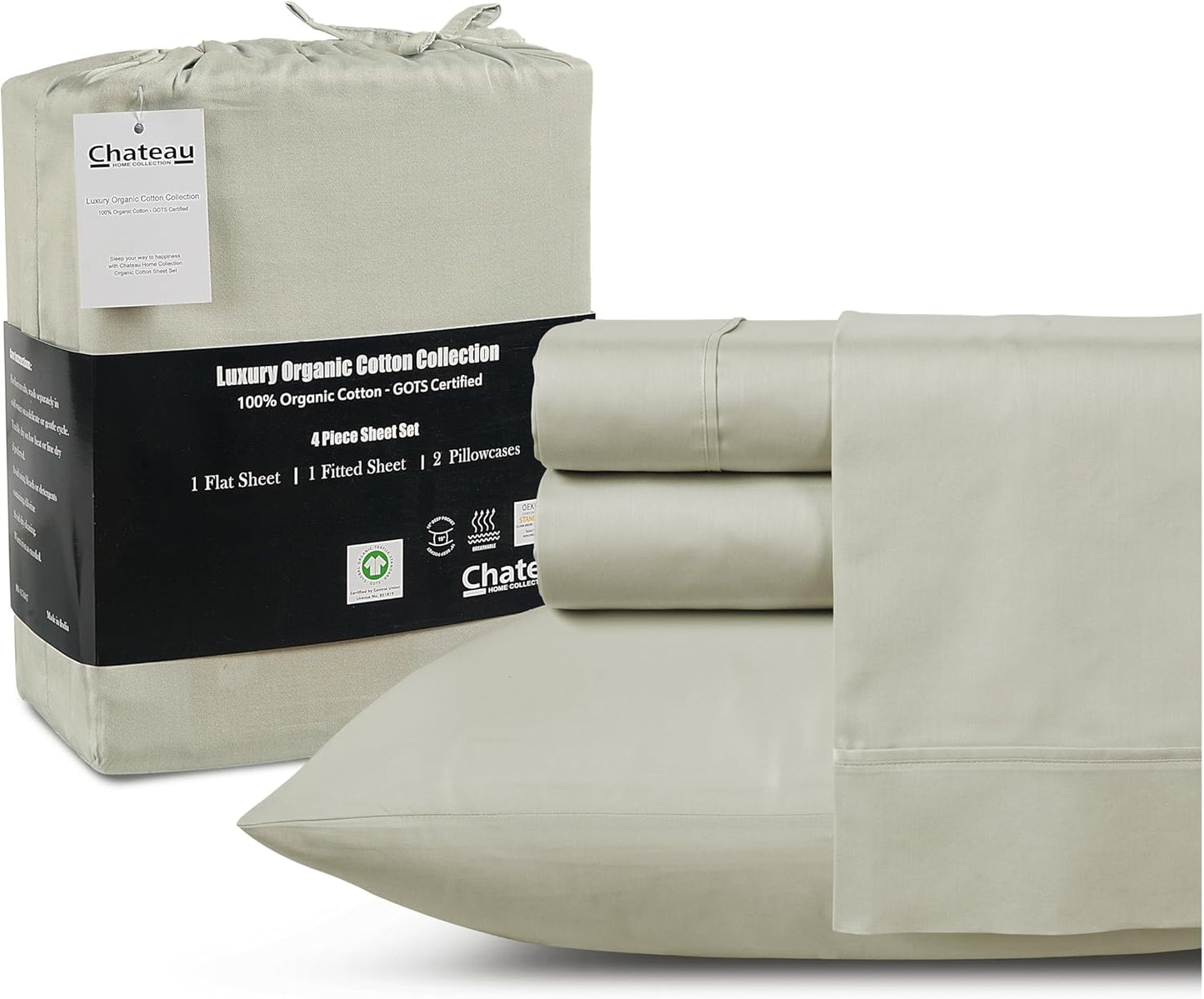 CHATEAU HOME COLLECTION 100% Organic Cotton Sheets Twin Size, Soft & Comfy Breathable 300 Thread Count Deep Pocket Sheets for All Seasons, Machine Washable No Pill Thick Cotton Bed Sheet – Sage