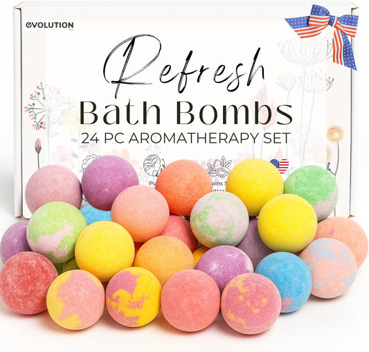 EvolutionUSA Refresh Bath Bombs for Women, 24 Lush Bath Bombs Mini Sized, Luxurious Womens Gift for Mother's Day, Easter, Birthday or Self Care, Luxurious & Relaxing Bathbombs, Womens Bath Balls