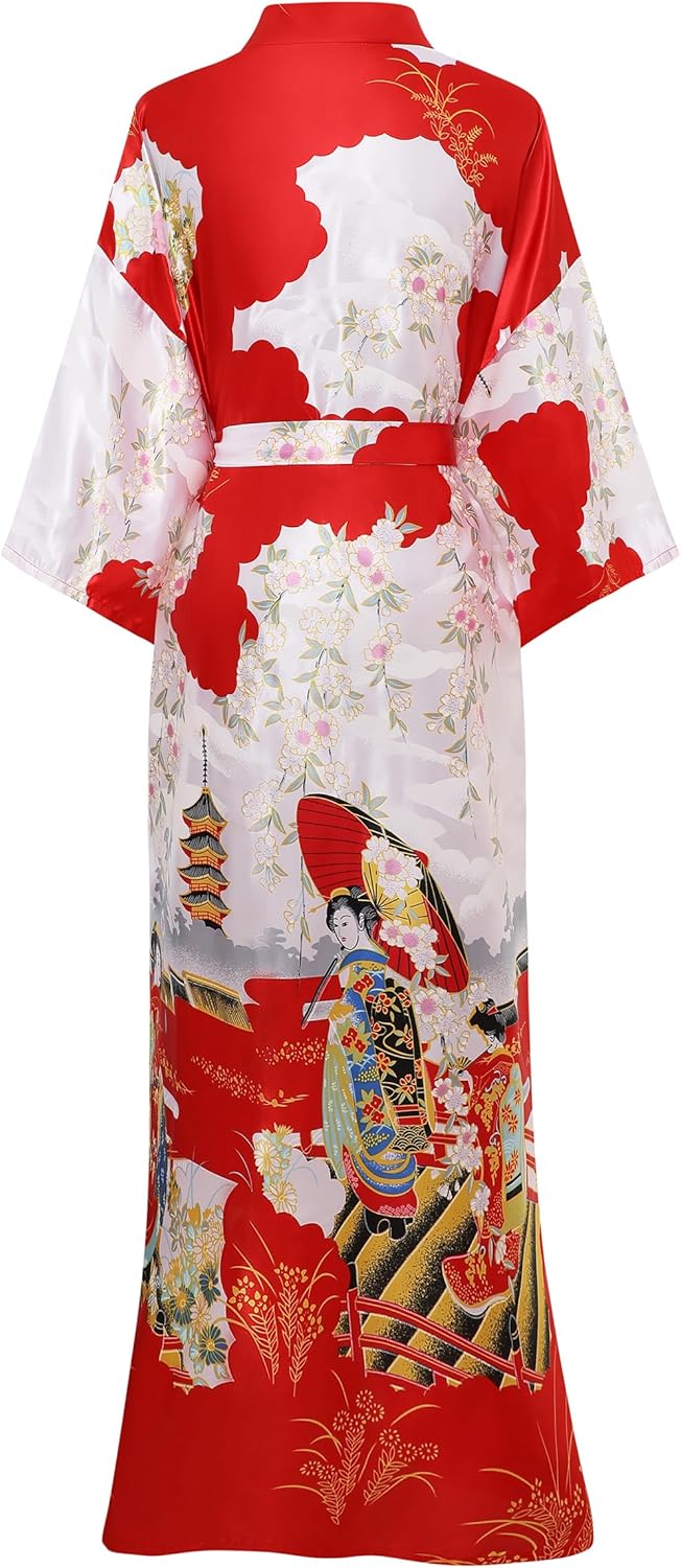 PRODESIGN Kimono Robe for Women - Long Satin Sleepwear Silky Kimono Cover-Up Nightgown Japanese Bathrobe Loungewear Blouse