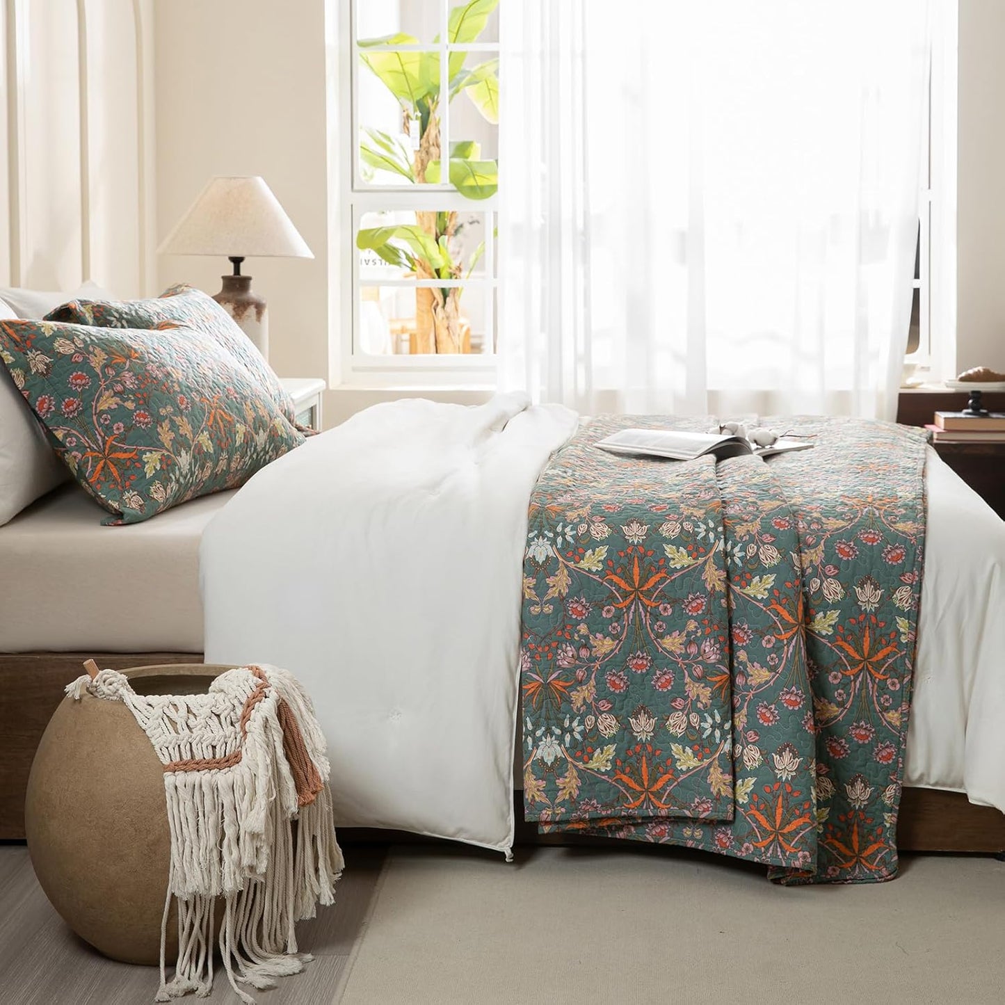 Lady Ann 100% Cotton Floral King Quilt Set - Vibrant Paisley Flowers Pattern Plant Botanical Printed Quilted Bedspread & Coverlet Set, 3 PCS Lightweight Extra Soft King Bedding Cover All Season