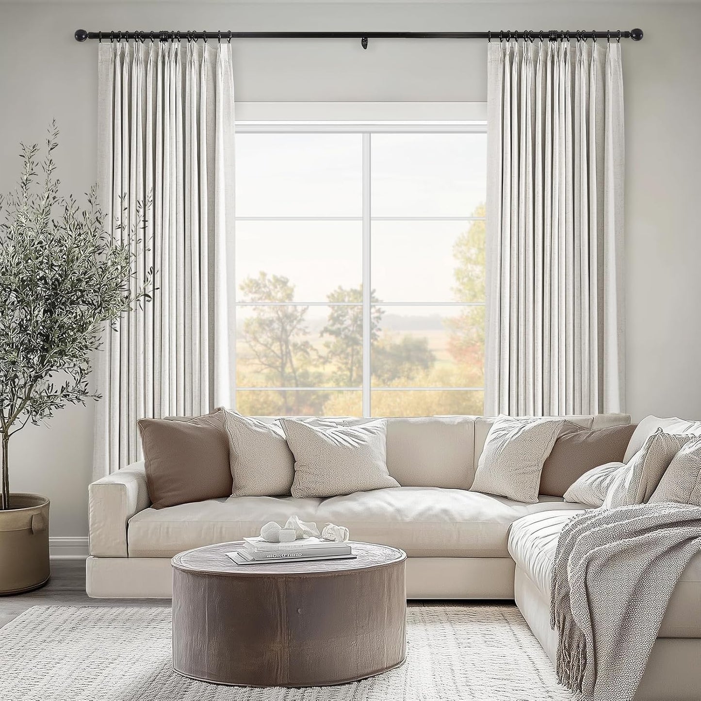Topfinel 120 Inches Long Extra Long Pinch Pleat Faux Linen Curtains for Living Room,Neutral Beige 100 Percent Blackout Floor to Ceiling Farmhouse Sound Absorbing Drapes 2 Panels for Track System 10 FT