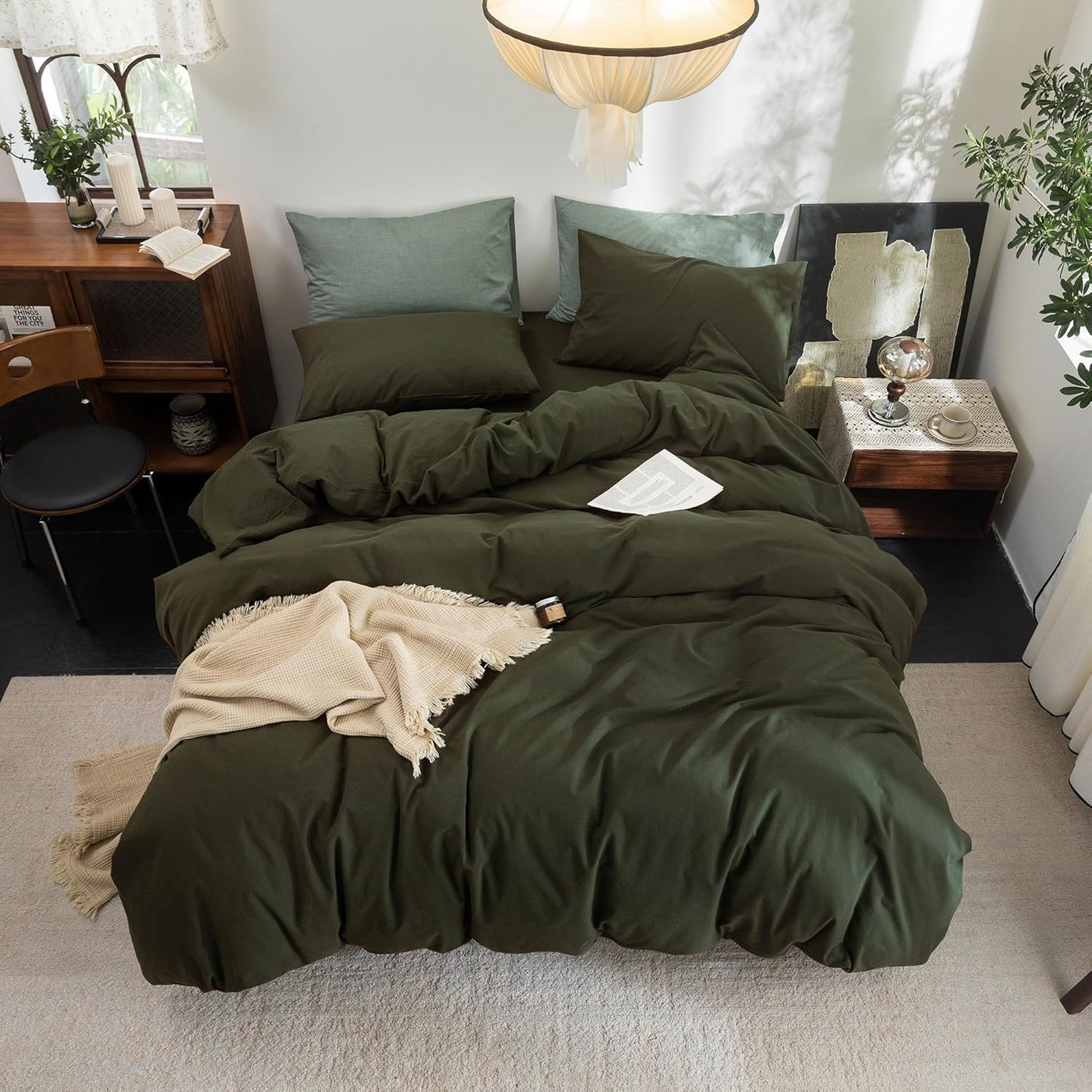 FOSSA Duvet Cover Set 100% Washed Cotton Linen Feel Super Soft Breathable Cozy 3 Pieces Bedding Sets Solid Olive Green Twin