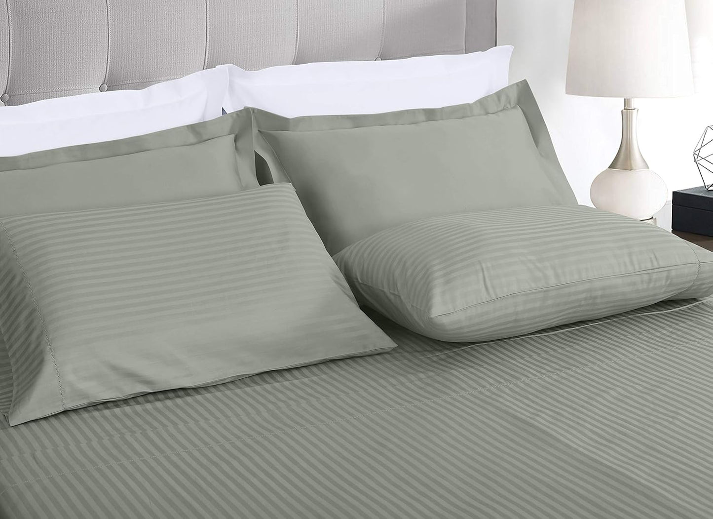 Threadmill 100% Cotton Sheets for Queen Size Bed - 600 Thread Count Queen Bed Sheets Set with 16” Deep Pocket - Damask Stripe Sateen Weave 4-Piece Bedding Set with Cooling Effect, Moonrock Grey