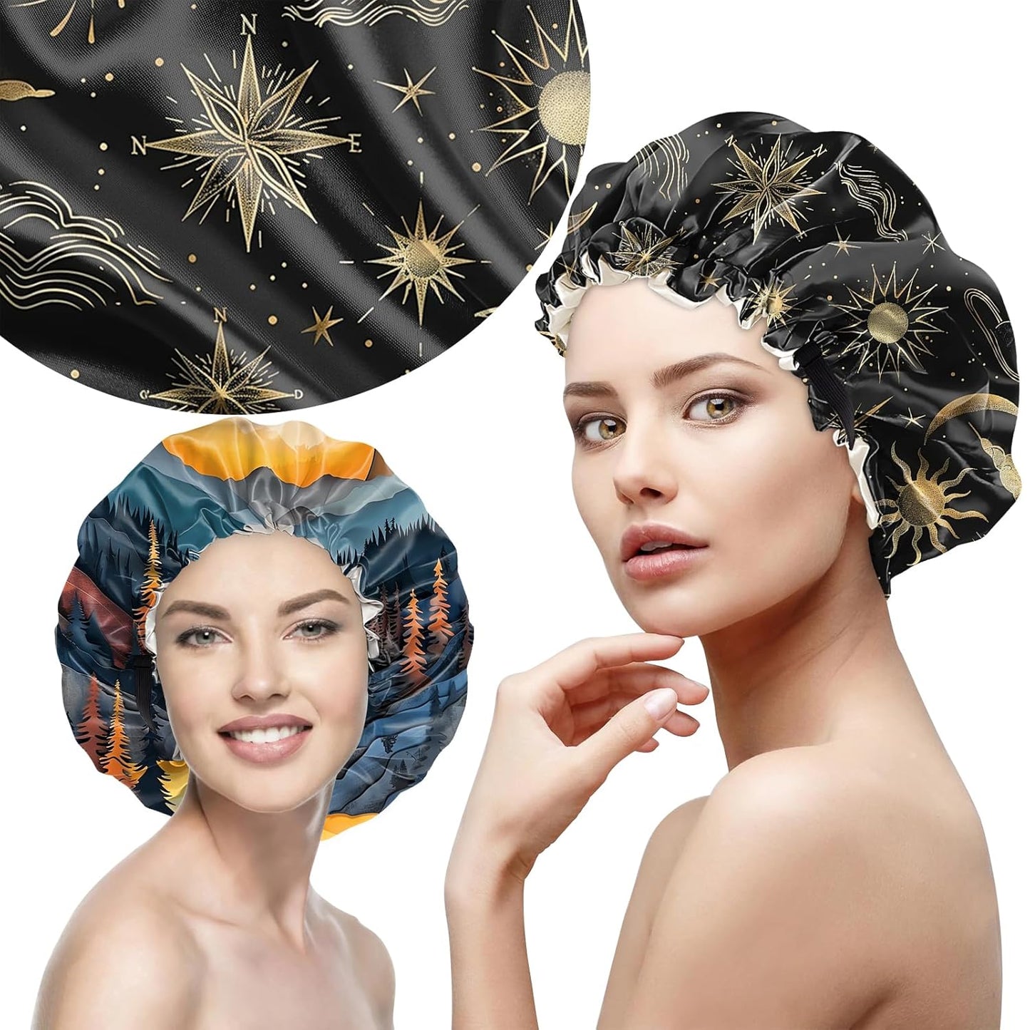 2 PCS Bonnets for Women Girls Satin Hair Bonnet Silk Adjustable Elastic Double Layer Hair Wrap Sleep Cap Comfort Cute-Sun Moon Sunset