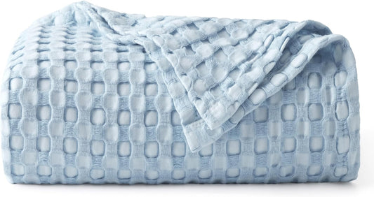 Bedsure Cooling Cotton Waffle Twin XL Blanket - Lightweight Breathable Blanket of Rayon Derived from Bamboo for Hot Sleepers, Luxury Throws for Bed, Couch and Sofa, Blue, 66x90 Inches