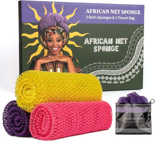 African Net Sponge Authentic 3 Pieces with Storage Bag, African Exfoliating Net Sponge Washcloth, Exfoliating Body Scrubber Bath Sponge Bathing Accessories (Rose, Purple, Bright Yellow)
