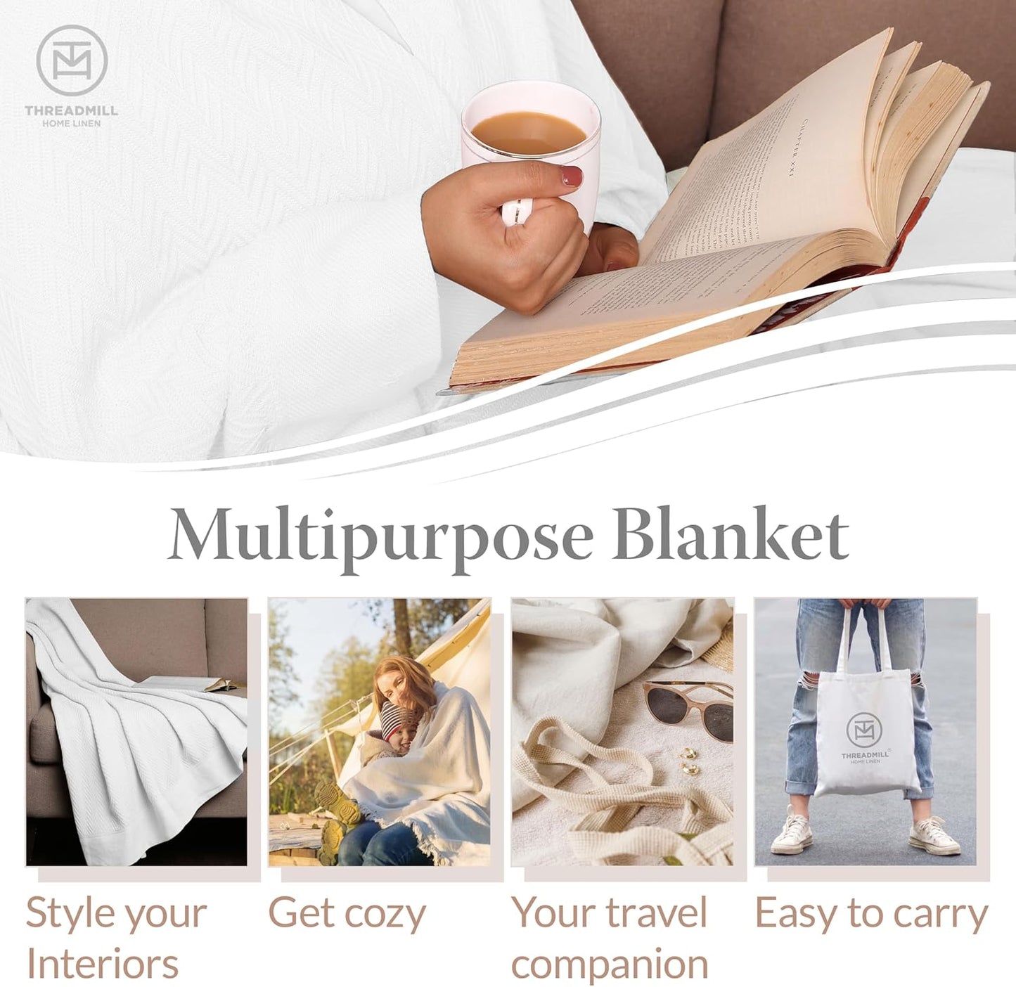 Threadmill Luxury Cotton Blanket for Queen Size Bed | All-Seasons Breathable Oeko TEX 100% Cotton Queen Blanket | Cozy, Soft Fall Thermals fits Full Size Bed, 90x92 inches | White