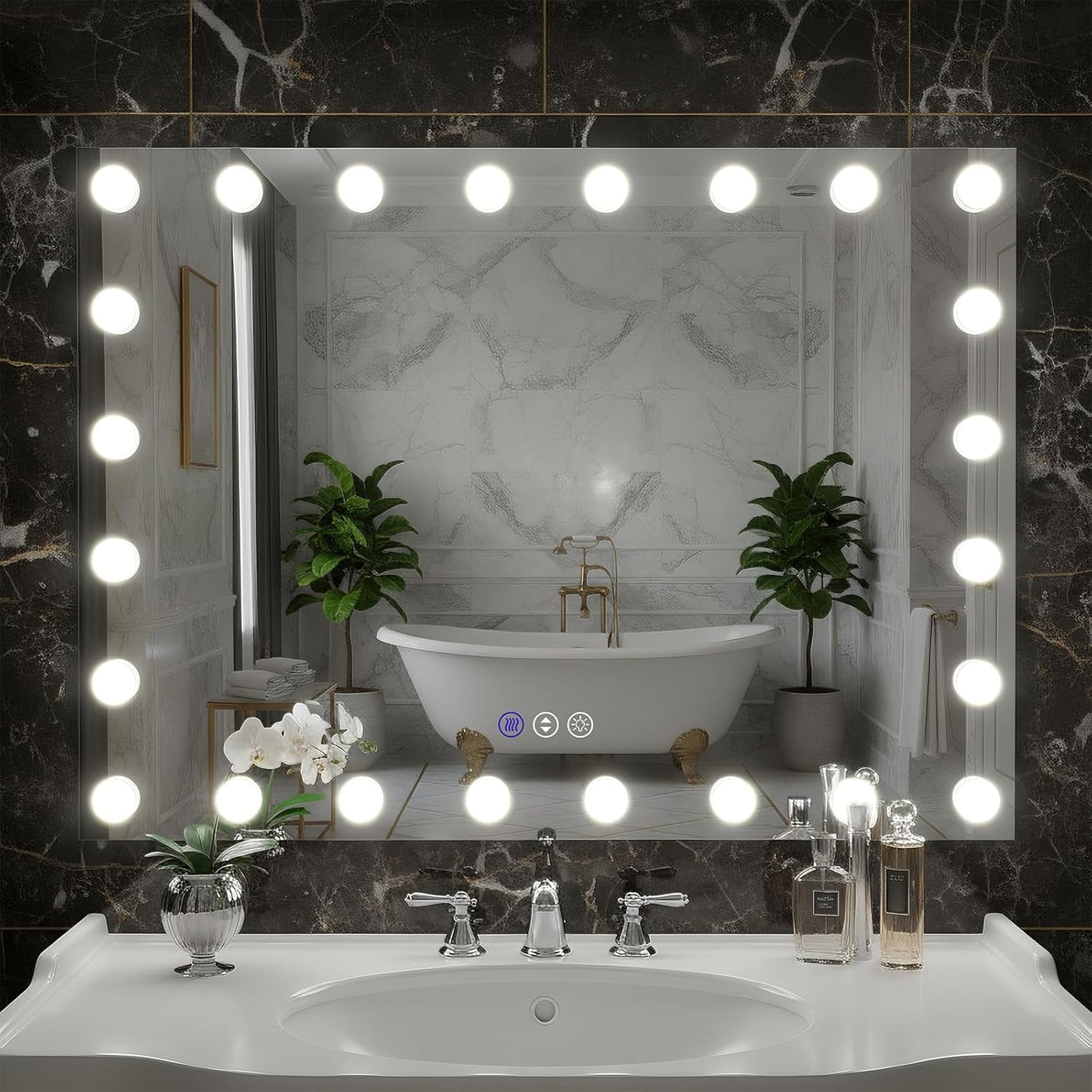 48x36 Hollywood Lighted Mirrors for Bathroom Wall, Smart Mirror for Bathroom with Dimmable LED Bulbs, 3 Color Temperatures, No Fog Mirror, Tempered Glass, Memory, Horizontal/Vertical