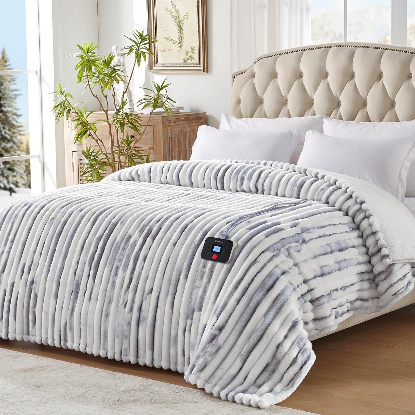 Westinghouse Electric Blanket Twin Size, Super Cozy Luxury Faux Fur & Sherpa Heated Blanket with 10 Heating Levels & 1-12 Hours Auto Off, Fast Heating Blanket, Machine Washable, 62x 84 Inch Blue Gray