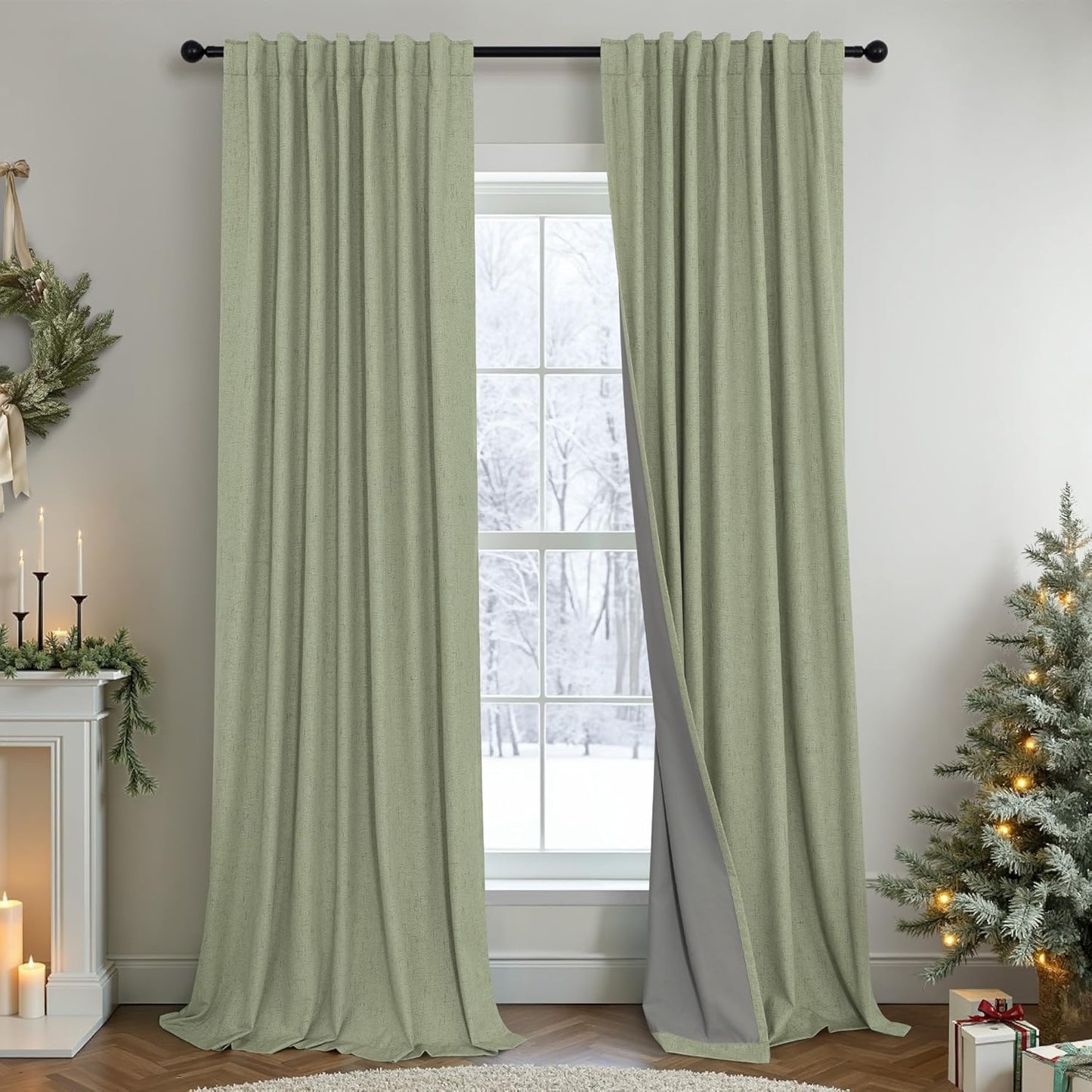 Sage Green Room Darkening Curtains for Bedroom 108 Inch Extra Long 2 Panels Black Out Dark Academia Decor Linen Textured Blocking Light Sage Blackout Curtains for Large Window Ceiling to Floor Length