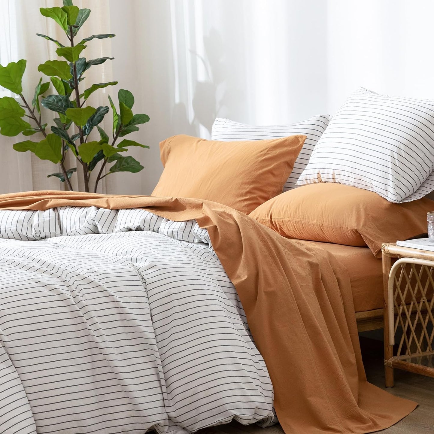 MooMee Bedding Sheet Set 100% Washed Cotton Linen Like Textured Breathable Durable Soft Comfy (Solid Burnt Orange, California King)