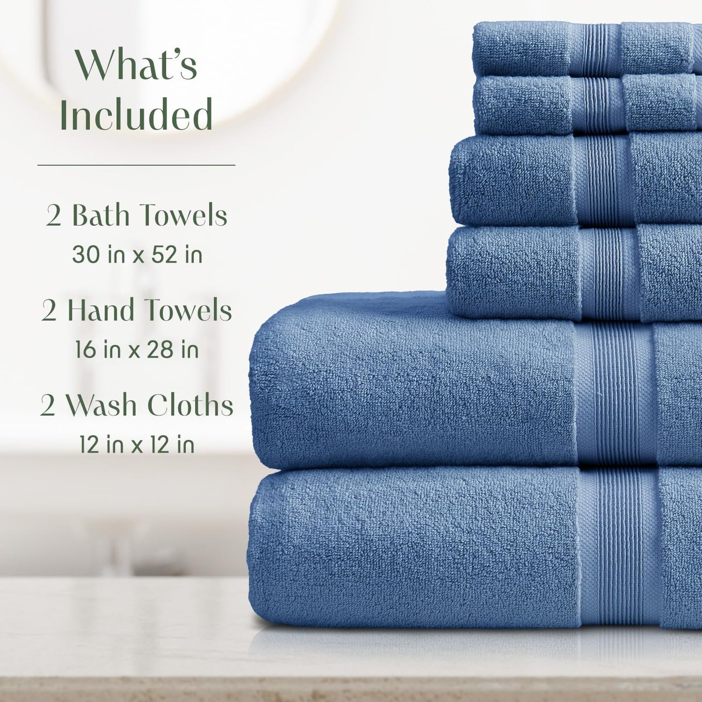 Springtree Home Luxury Bamboo Rayon Bath Towel Set 6 Piece Set | 35% Bamboo Rayon - 65% Cotton | Absorbent Quick-Dry Towels for Bathroom | Oeko-TEX Standard 100 Cotton | Mediterranean Blue