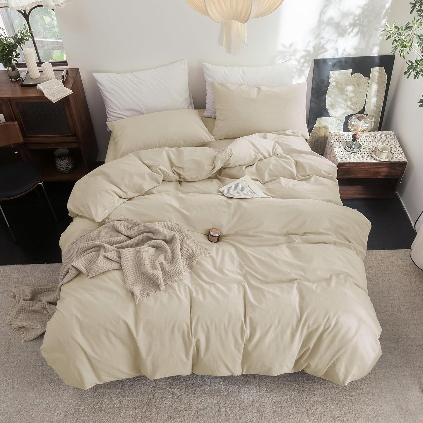 FOSSA Duvet Cover Set 100% Washed Cotton Linen Feel Super Soft Breathable Cozy 3 Pieces Bedding Sets Solid Almond Grey Full/Double