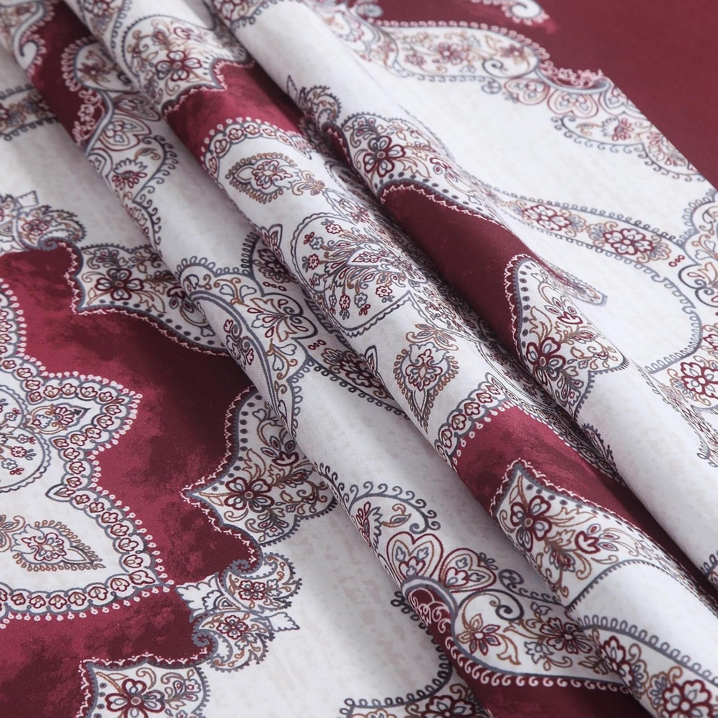 Long Burgundy Shower Curtain 78 Inches, Water Repellent Fabric with Medallion Pattern, 12 Metal Grommets & Weighted Hem