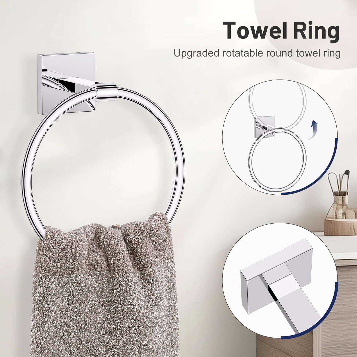 5-Piece Polish Chrome Bathroom Hardware Set, SUS304 Stainless Steel Bathroom Accessories Set 23.6 inches Towel Bar, Toilet Paper Holder with Shelf, Towel Ring and Two Towel Hooks Wall-Mounted