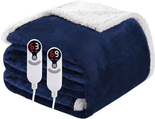 Electric Heated Blanket Queen Size 84"x90", Soft Flannel with Dual Controllers & Overheat Protection, 6 Adjustable Heat Settings & 10-Hour Auto-Off Timer, Fast Heating for Winter Comfort, Navy Blue