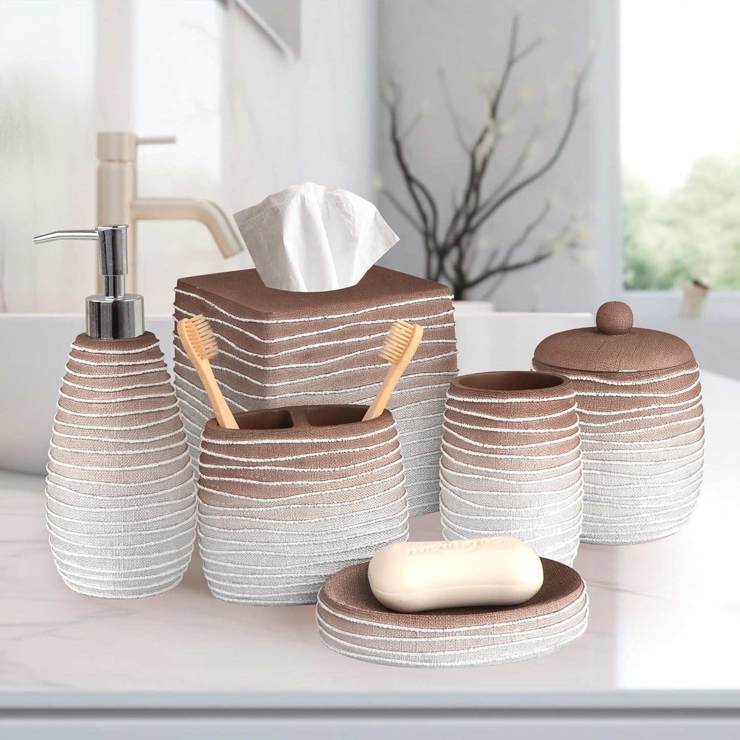 Decozen Bathroom Accessories Set 6Pcs – Soap Dispenser, Toothbrush Holder, Tumbler, Soap Dish & Cotton Swab Jar – Modern Bathroom Decor, Bath Set for Christmas Decor, Antonetta