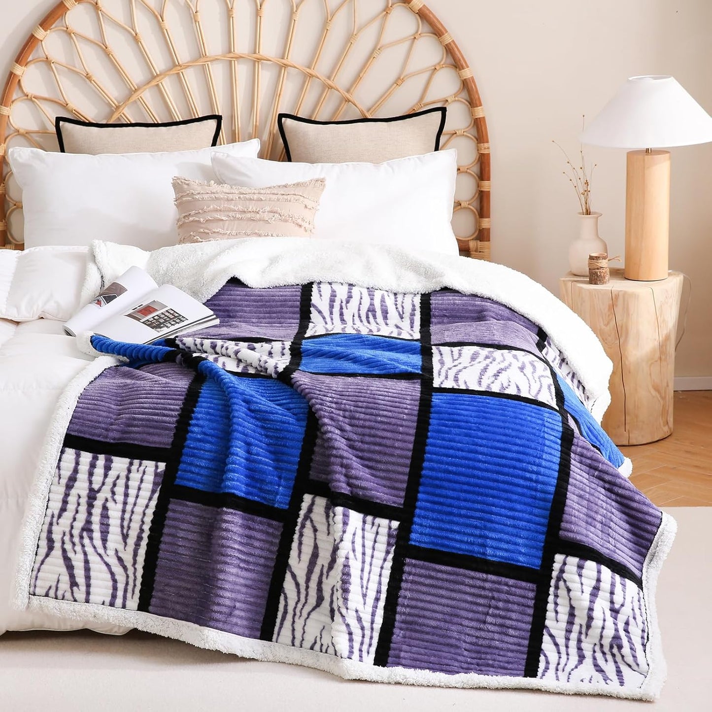 PU MEI Sherpa Blanket Fleece Throw Blanket Queen Plaid Thick Bed Blanket, Soft Warm Cozy Throw Blanket, 80”*90” Zabra-Blue Grey