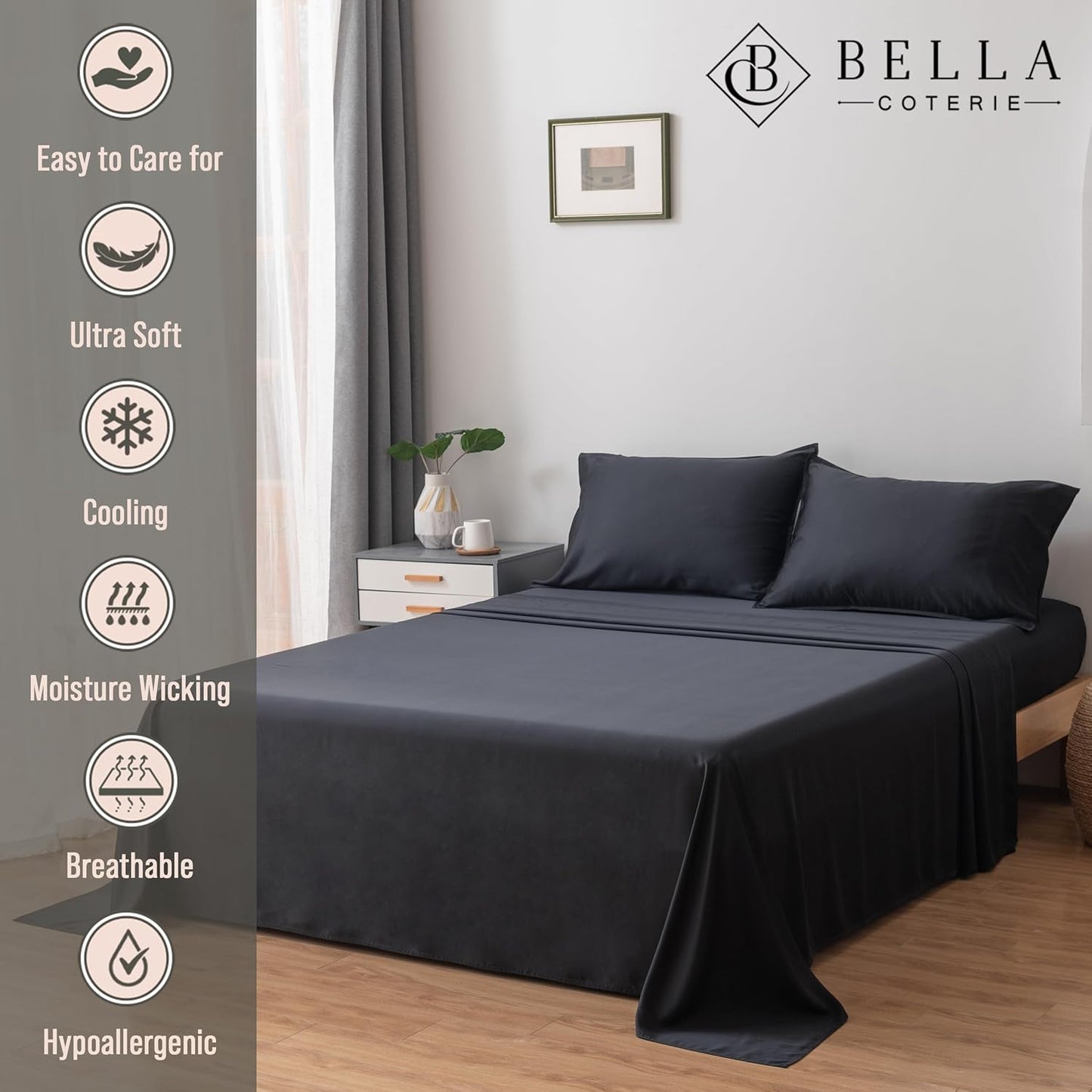 Bella Coterie Luxury Bamboo Viscose Split King Size Sheet Set | 2 Fitted Sheets for Sleep Number & Adjustable Beds | 100% Organically Grown | Cooling & Ultra Soft | 18” Deep Pocket [Black]