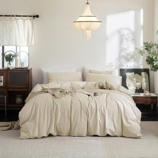 FOSSA Duvet Cover Set 100% Washed Cotton Linen Feel Super Soft Breathable Cozy 3 Pieces Bedding Sets Solid Almond Grey Oversized King Plus