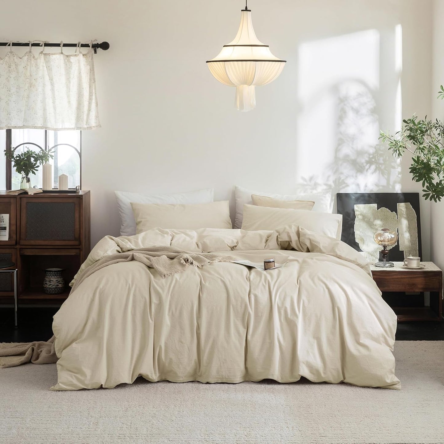FOSSA Duvet Cover Set 100% Washed Cotton Linen Feel Super Soft Breathable Cozy 3 Pieces Bedding Sets Solid Almond Grey Super King Plus