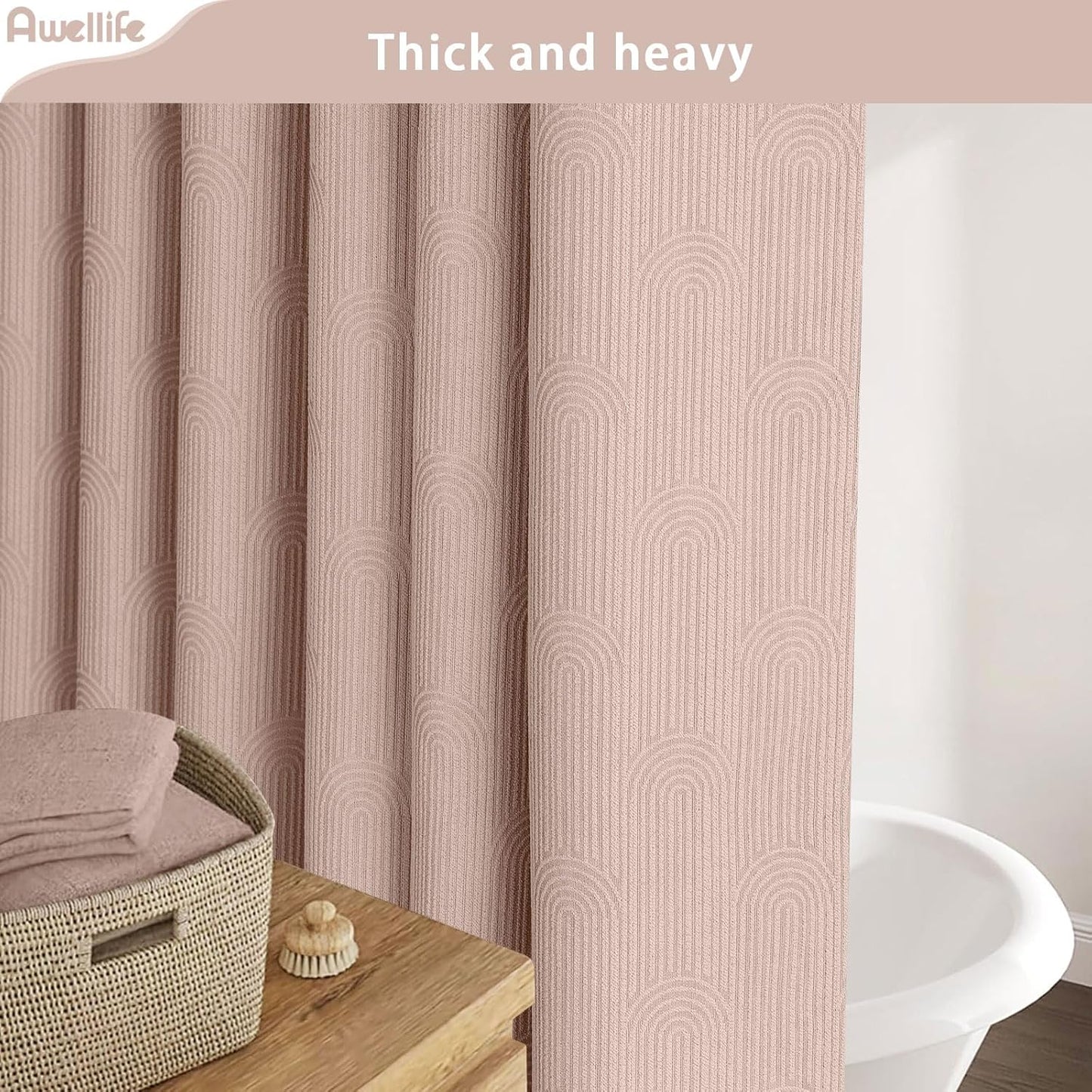 Awellife Boho Shower Curtains for Bathroom Cotton Fabric Touch Pink Bohemian Mid Century Minimalist Arch 72" L X 72" W