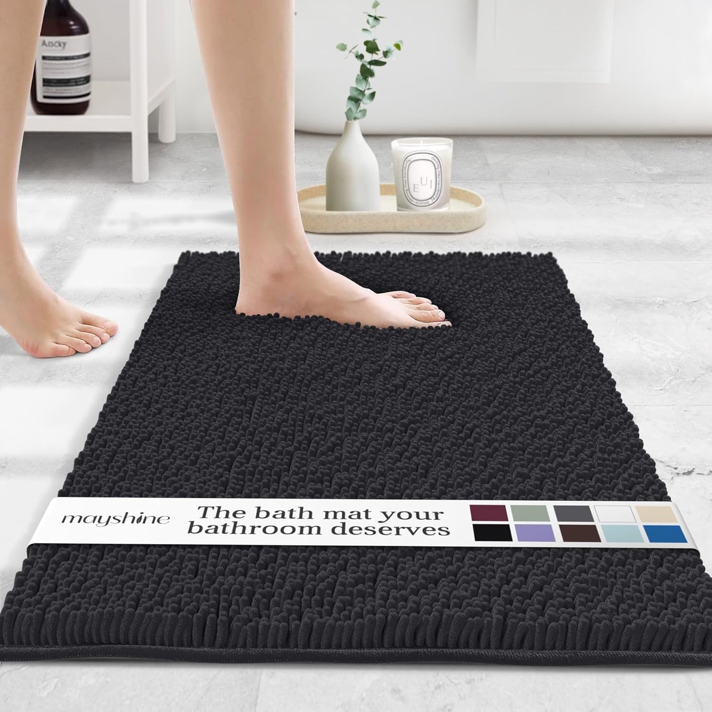 MAYSHINE Plush Shaggy Chenille Bath Mat | Extra Soft, Super Absorbent, Non-Slip Bathroom Rug | Fluffy Microfiber, Area Rug Sets for Bathroom Floor, Kitchen, Living Room | 32"x20" | Black