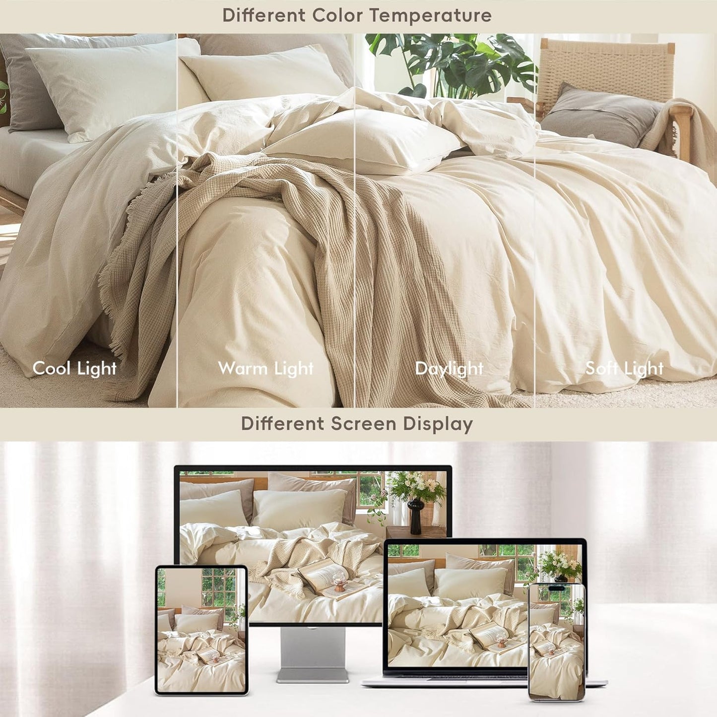 MooMee Bedding Duvet Cover Set 100% Washed Cotton Linen Like Textured Breathable Durable Soft Comfy (Heathered Almond Milk Grey, Palatial King/Oversized King 120"x98")