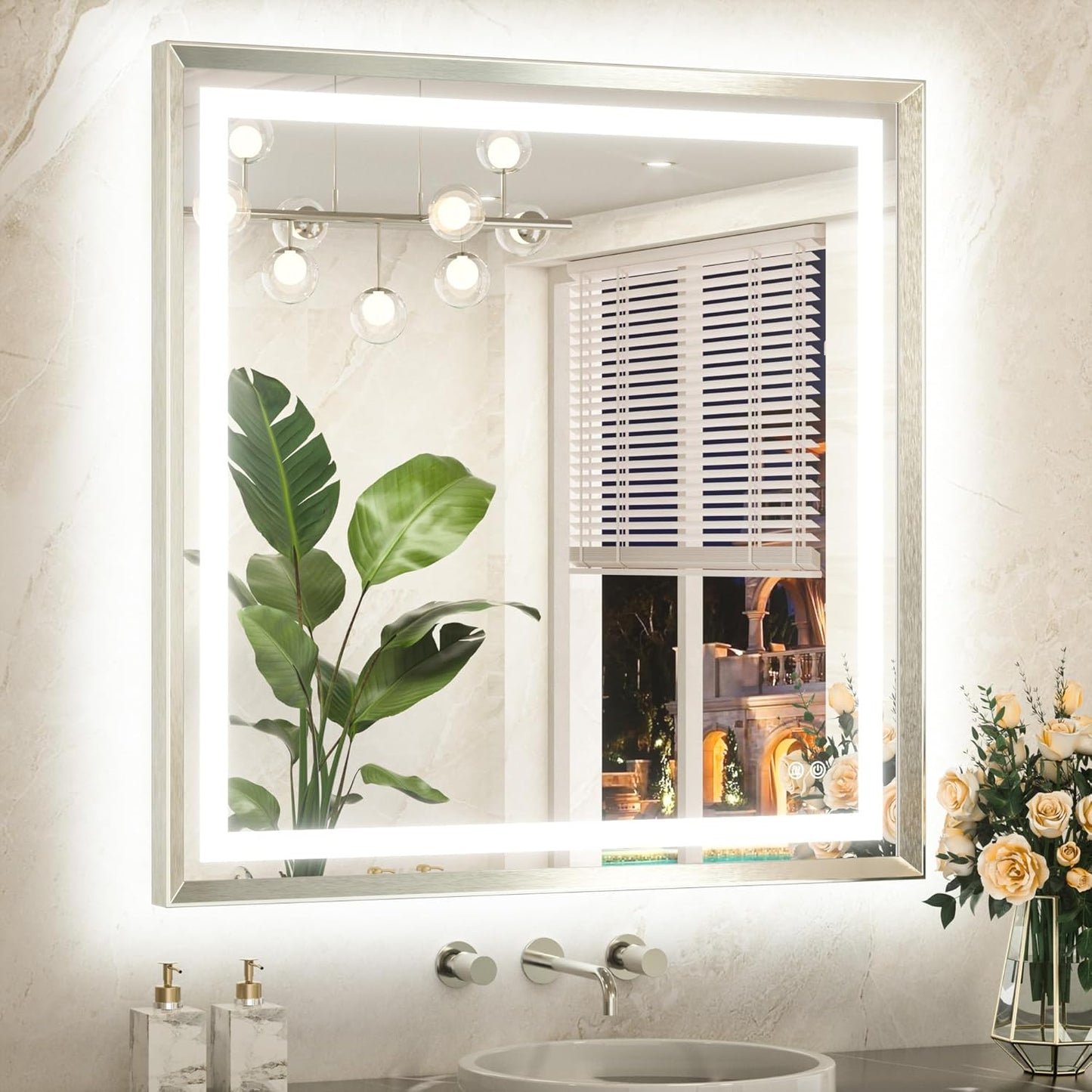 TETOTE Led Bathroom Mirror 36 x 36 with Brushed Bright Nickel Frame Anti-Fog Frontlit & Backlit Vanity Mirror Stepless Dimmable 3 Colors White/Warm/Natural Wall-Mounted