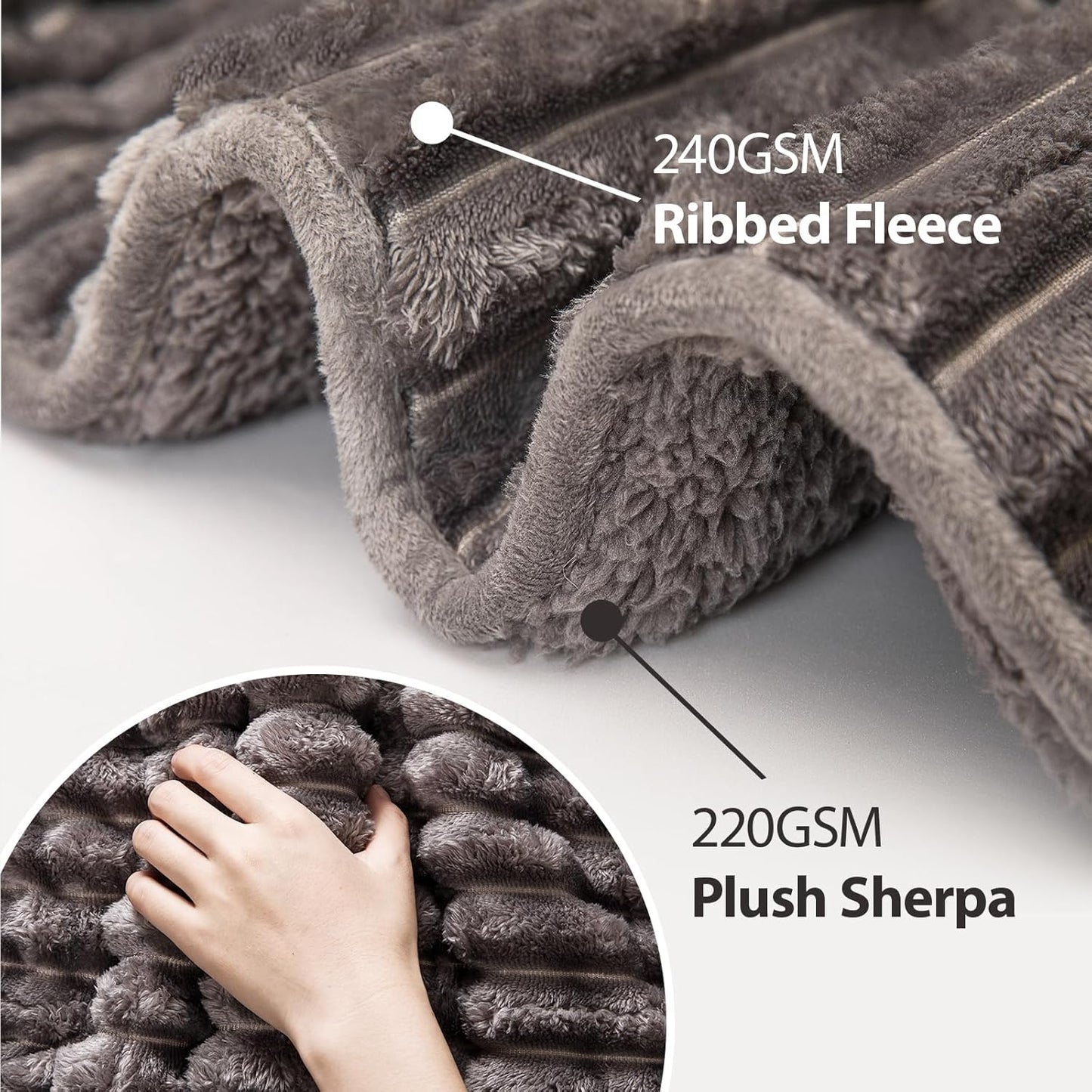 Sherpa Fleece Weighted Blanket with 3D Ribbed Stripes, 15 lbs Soft Flannel Heavy Throw Blanket for Couch Bed Sofa, Heavy Thick Blankets with Ceramic Beads, Great for Sleep, 48" x 72"