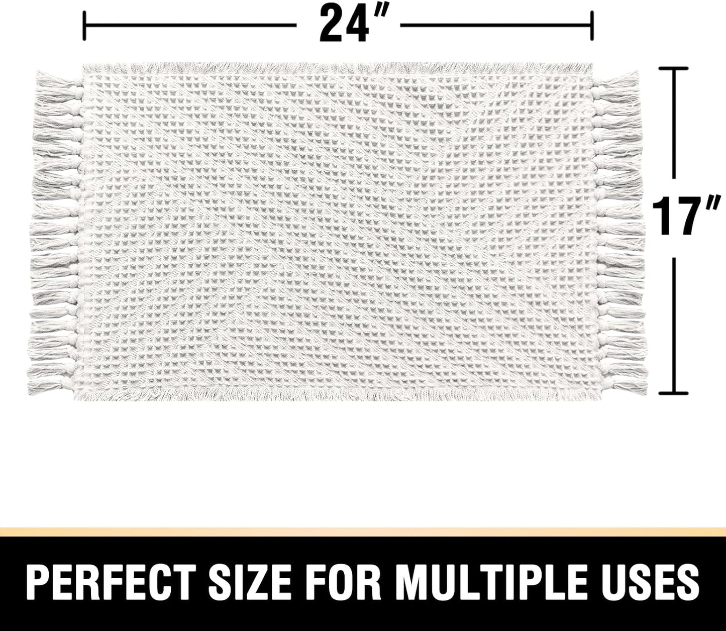 H.VERSAILTEX Waffle Bath Mat Super Absorbent Boho Bath Mat Non Slip Bath Rugs for Bathroom Floor Machine Washable Dry Fast Bathroom Rugs with Tassels, 17" x 24", Ivory White