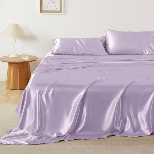 Bedsure Satin Sheets Queen Size - 4 Piece Silky Bedsheets with 15 Inches Deep Pocket Fitted Bedsheet,1 Flat Sheet, 2 Satin Pillowcases, Good for Hair & Skin (Queen, Lavender)