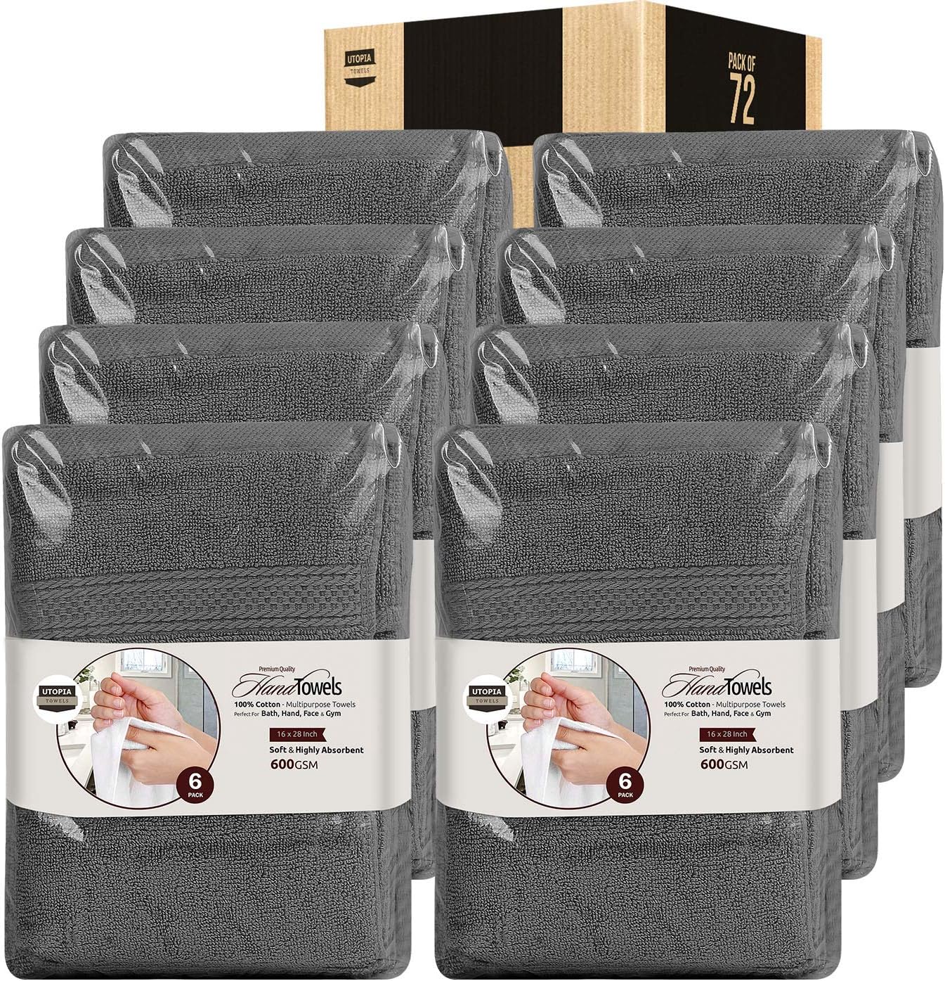 Utopia Towels 72 Pack Premium Hand Towels Set, 16 by 28 inches, 100% Ring Spun Cotton, Ultra Soft and Highly Absorbent 600GSM Towels for Bathroom, Gym, Shower, Hotel, and Spa, Grey