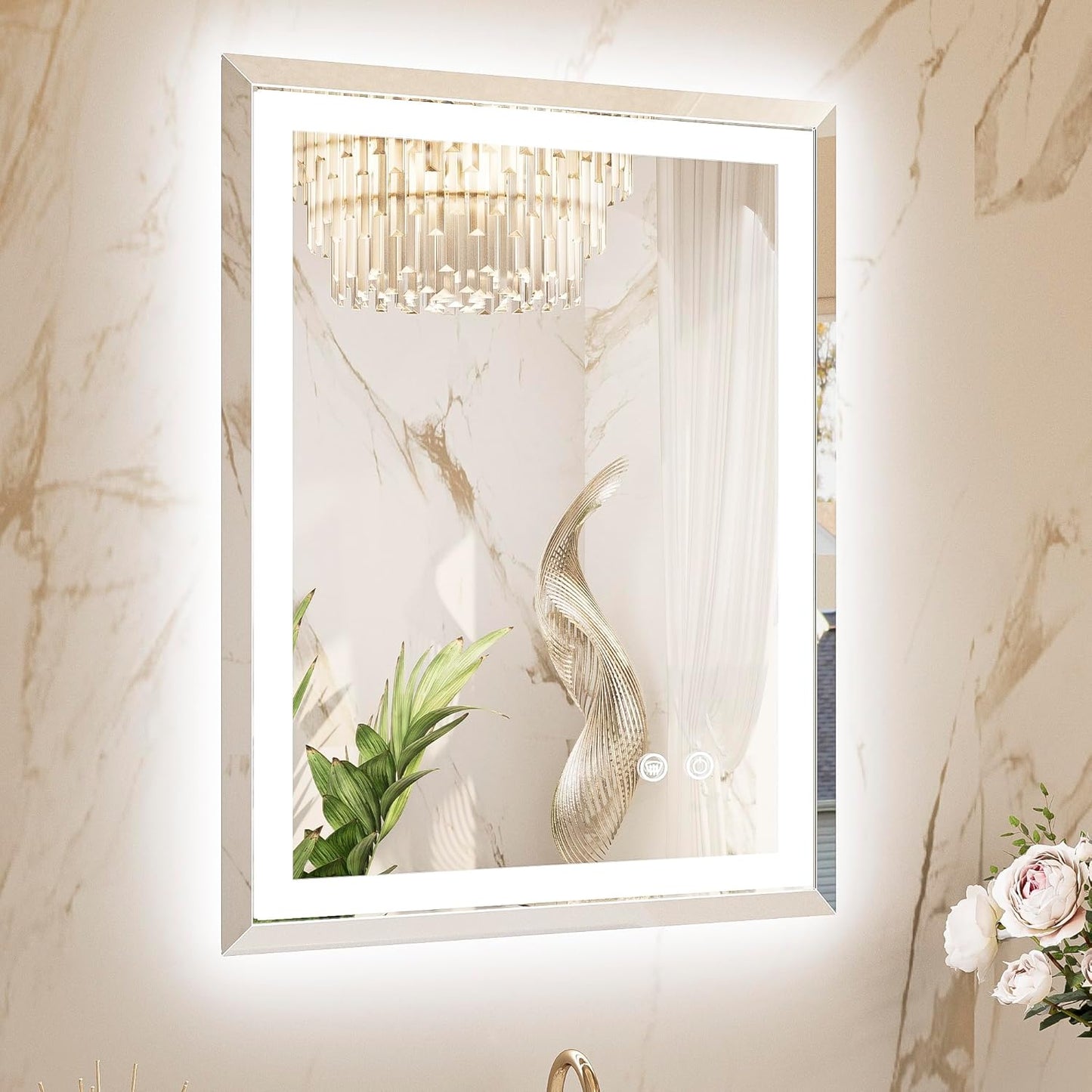 TETOTE Led Bathroom Mirror with Lights 24 x 30 Inch, Beveled Lighted Vanity Front and Backlit Anti-Fog Mirror Wall Mounted for Modern Bathroom, 3-Color Extra-Bright Lights, Tempered Glass