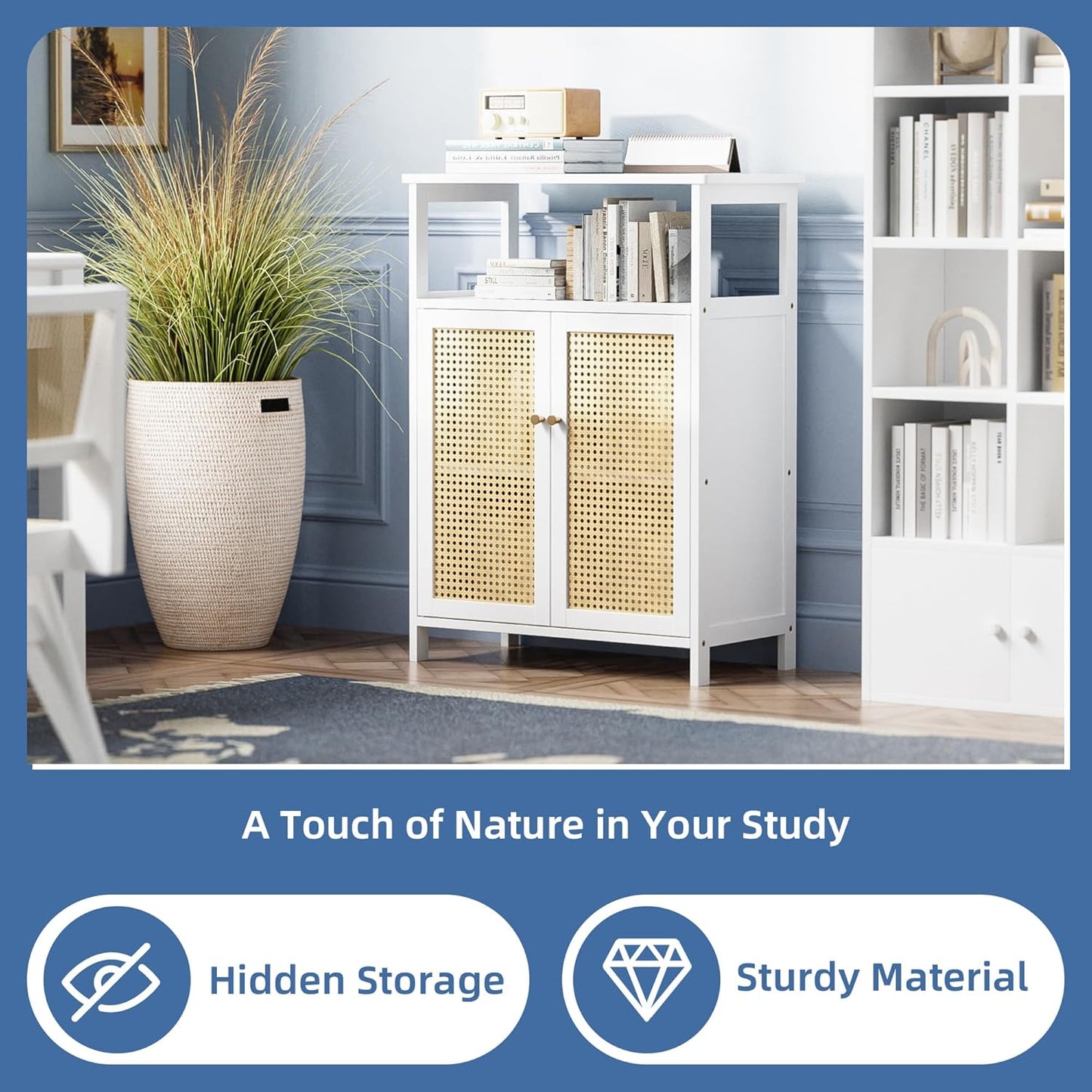HITNET Bamboo Cabinet, Rattan Storage Cabinet with Doors, Freestanding Floor Cupboard for Bathroom, Living Room, Hallway, White