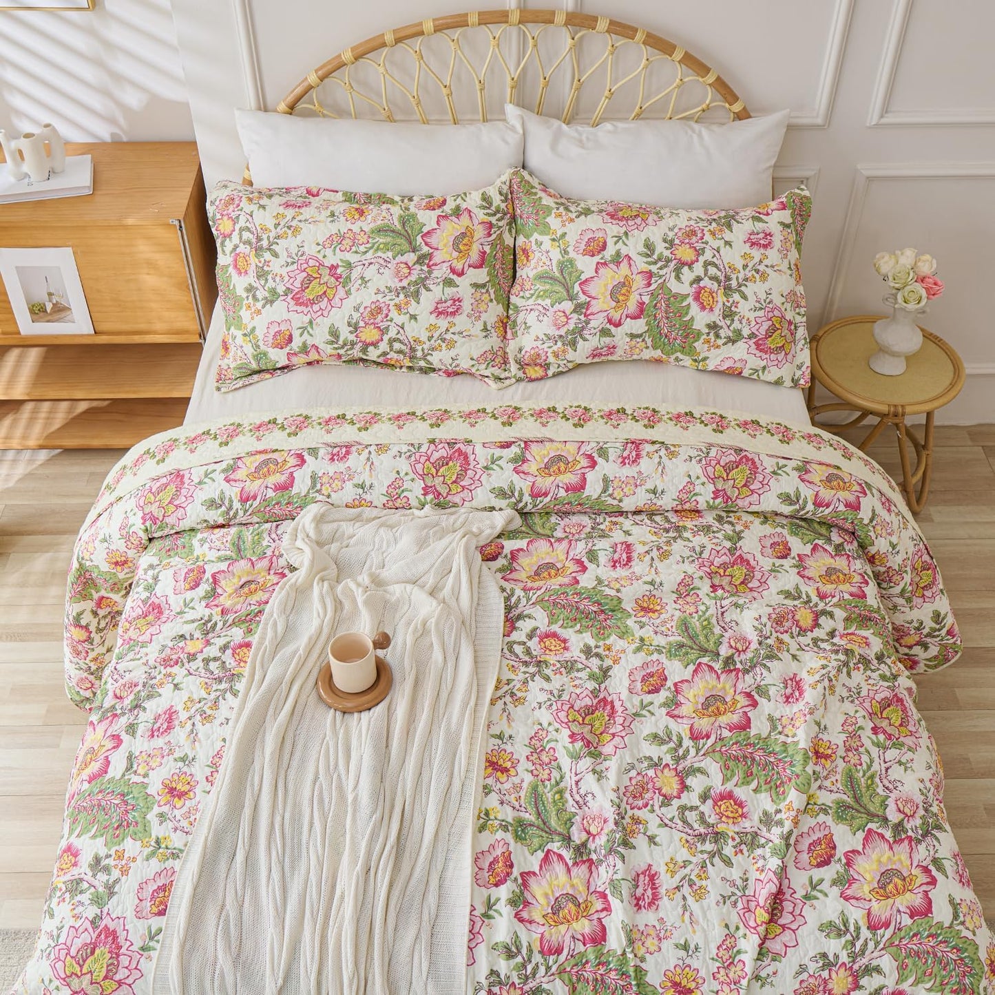 Cmfshape Floral Quilt Sets Bedspread Set 100% Cotton Bedding Set, All Season Use Lightweight Reversible Coverlet Quilts with 2 Pillow Shams(King 106"x96")