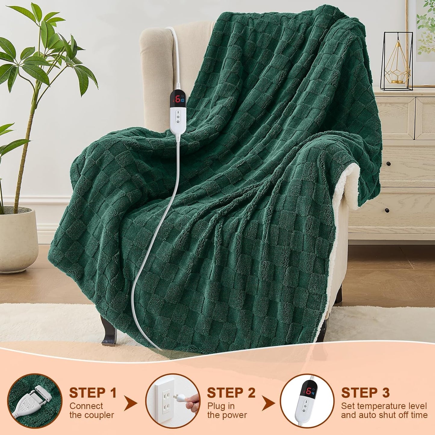 Electric Heated Blanket Full Size - Jacquard Checkered Sherpa 72"x84" Fast Heating Bed Blankets with 6 Heating Levels & 10 Hours Auto Off, Over-Heat Protection ETL, Dark Green