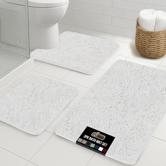 GORILLA GRIP Bathroom Rug Sets 3 Piece, Bath Mat Set and Oval Toilet Base with Rubber Backing, Plush Absorbent Shaggy Chenille Washable Mats, Includes 24x19.5, 24x17 and 30x20 Inch Rugs, White