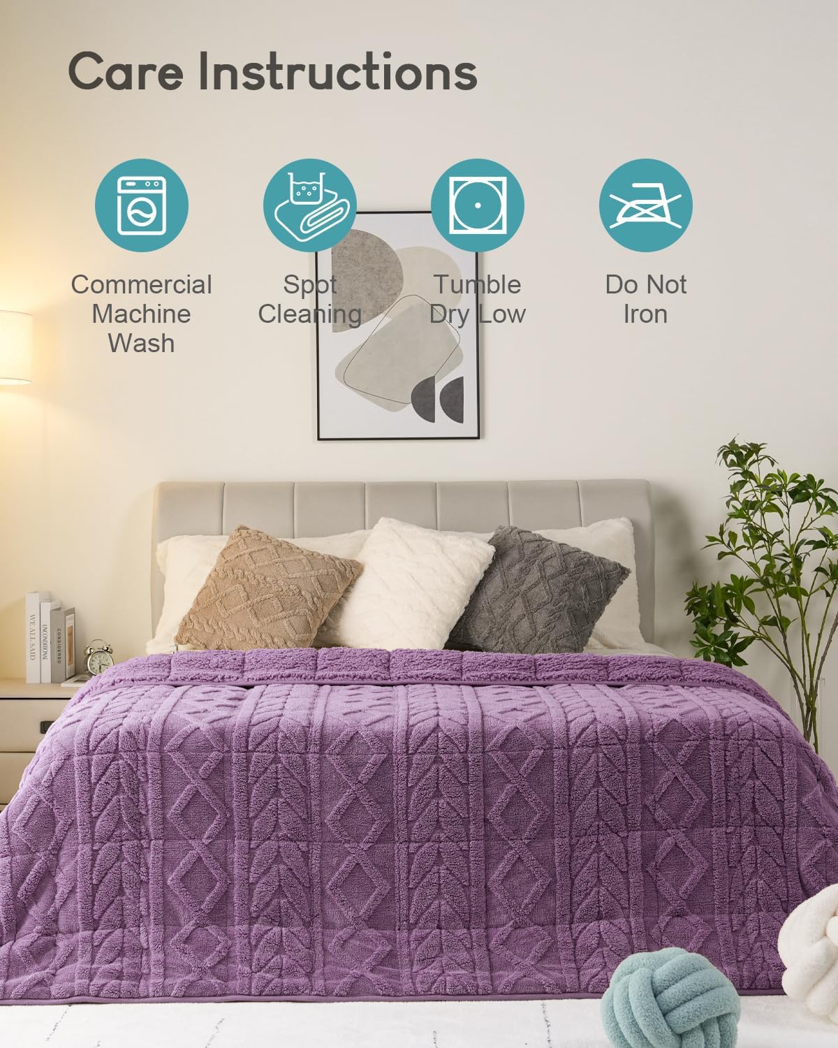 Cottonblue Jacquard Weighted Blanket 15lbs for Adults Twin Full Size, Soft Fuzzy Sherpa Fleece Weighted Throw Blankets 48x72 in for Relax and Sleep, Cozy Heavy Bed Blankets with Cemaric Beads, Purple