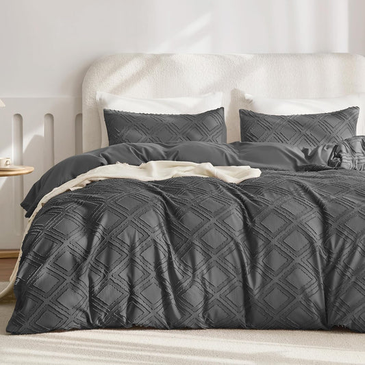 JELLYMONI Duvet Cover King Size Dark Grey - 3PCS Boho Duvet Cover Set Plaid Polyester Tufted Bohemian Jacquard Knit Textured Comforter Cover 104×90in Rhombic Geometric Pattern Zipper Corner Tie