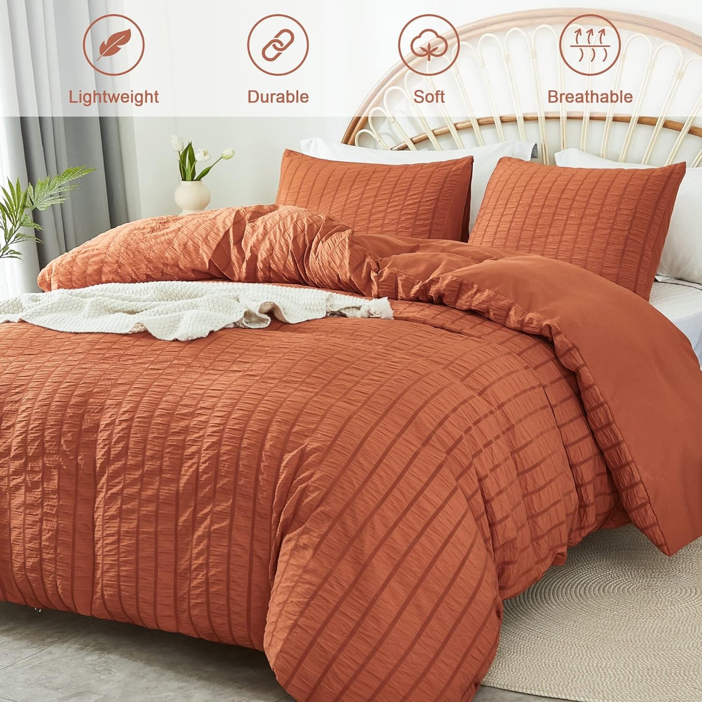 AveLom Terracotta Seersucker Duvet Cover Set King Size (104 x 90 inches), 3 Pieces (1 Duvet Cover + 2 Pillow Cases), Ultra Soft Washed Microfiber, Textured Duvet Cover with Zipper Closure, Corner Ties