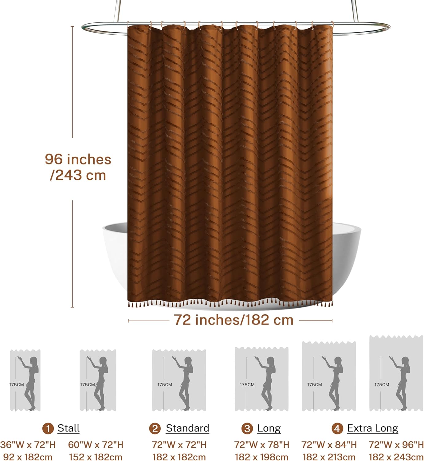 Extra Long Pumpkin Orange Boho Shower Curtain with Tassel, Woven Fabric 96 in, Tufted Chevron Striped, 72 x 96, Modern Chic Textured Minimalist Bathroom Shower Curtain