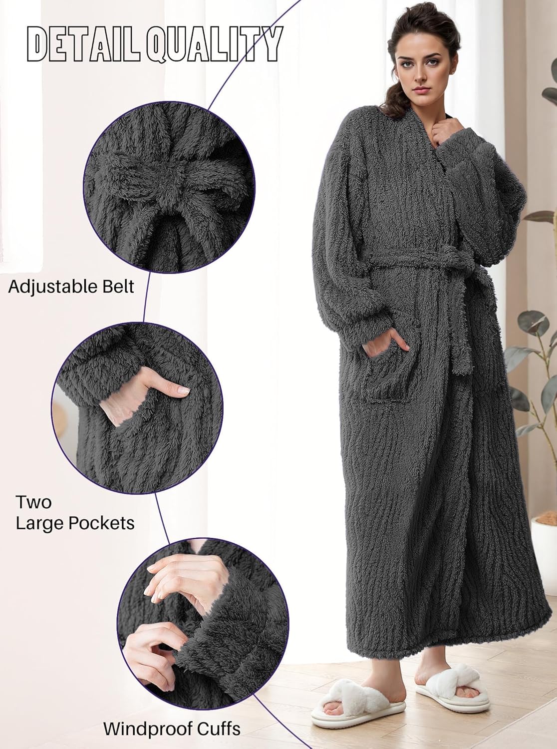 Artfasion Womens Long Fleece Robe - Warm Soft Floor Length Flannel Bathrobes for Winter Thicker Long House Coat with Pockets