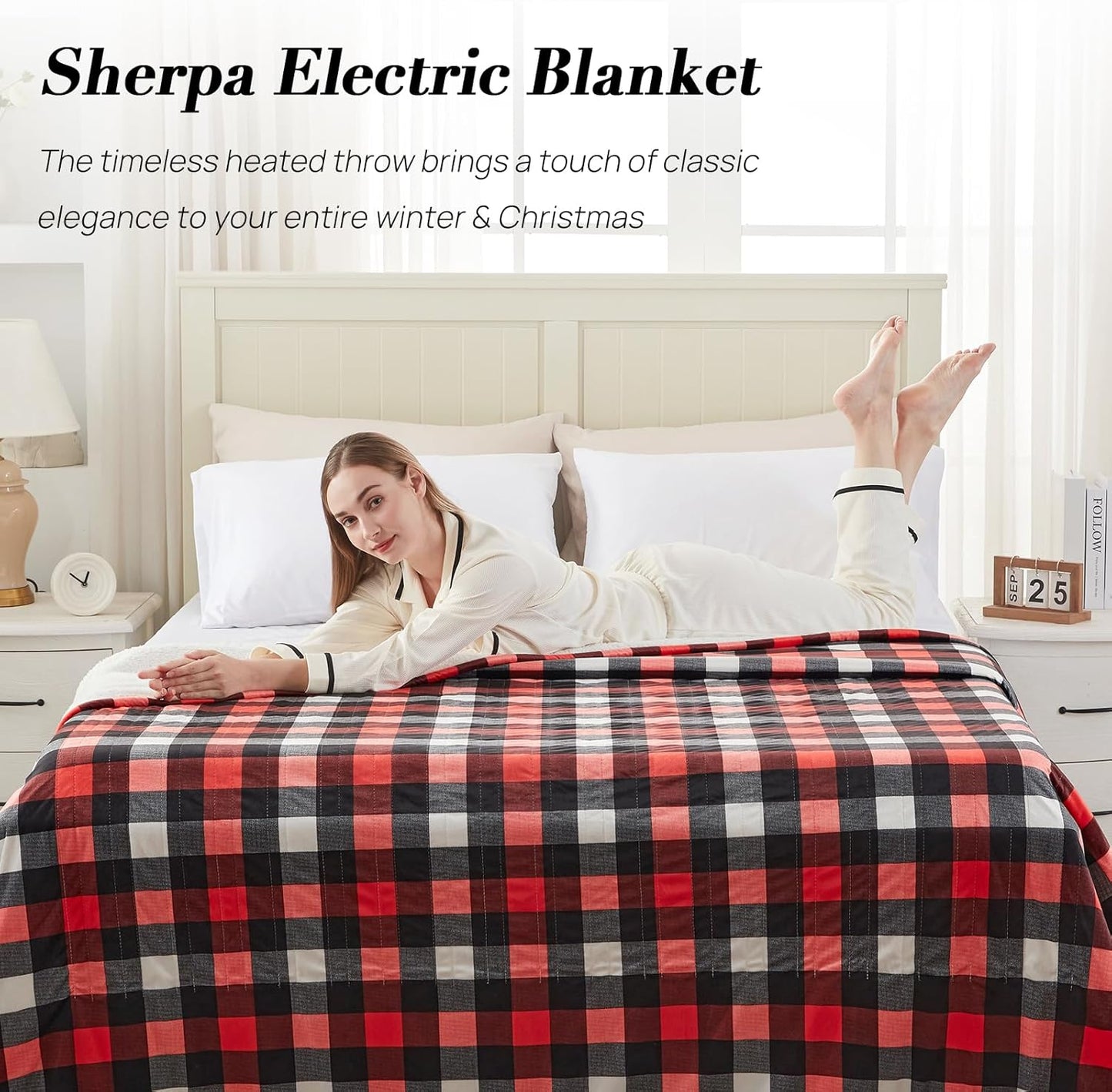 Westinghouse Full Size Heated Blanket Electric Blanket, Flannel & Sherpa Heating Blanket with10 Heating Levels & 1 to 12 Hours Heating Time Settings, Fast Heating Blanket Red Plaid, 72x84 Inches