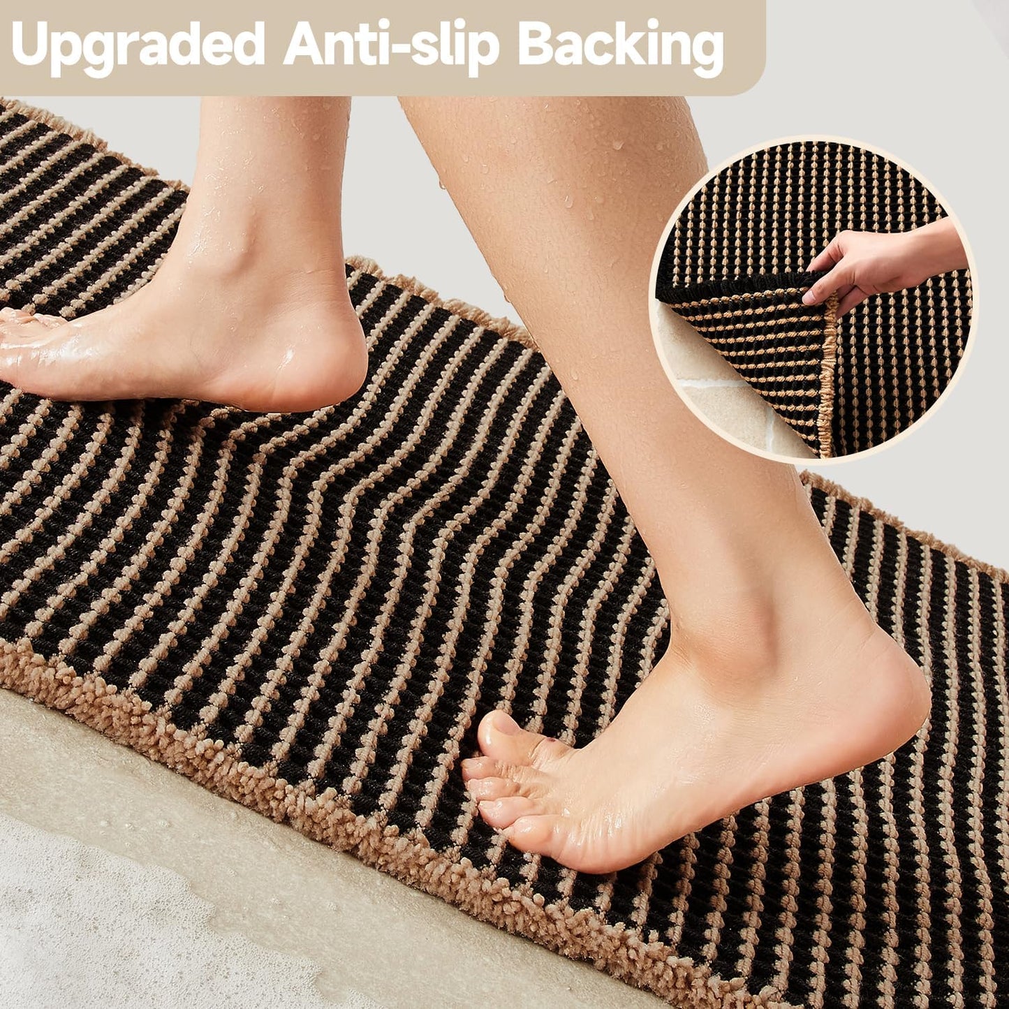 Waffle Runner Rug Bathroom, Long Boho Bathroom Rugs Non Slip Washable Super Absorbent Quick Dry Farmhouse Bath Decor, 60"x24" Khaki and Black