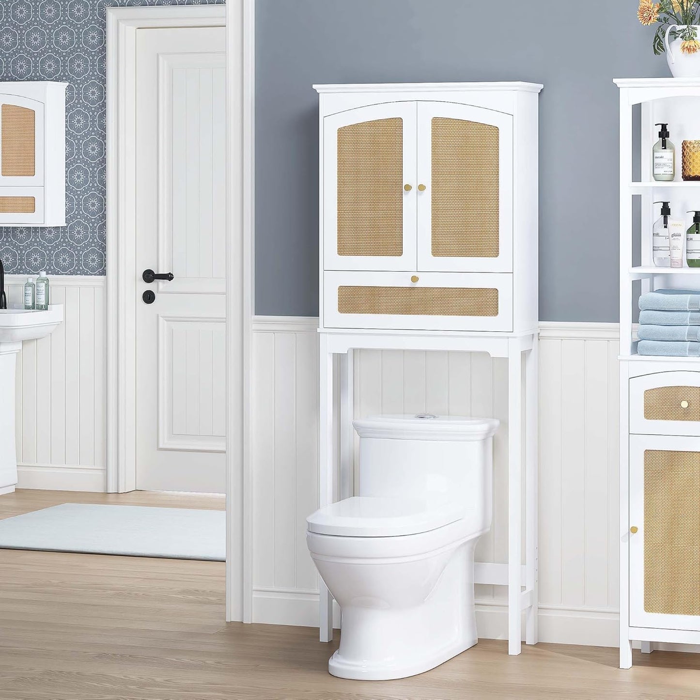 Spirich Over The Toilet Storage Cabinet with Rattan Doors, Over Toilet Bathroom Organizer with Tilt-Out Cube and Adjustable Shelf