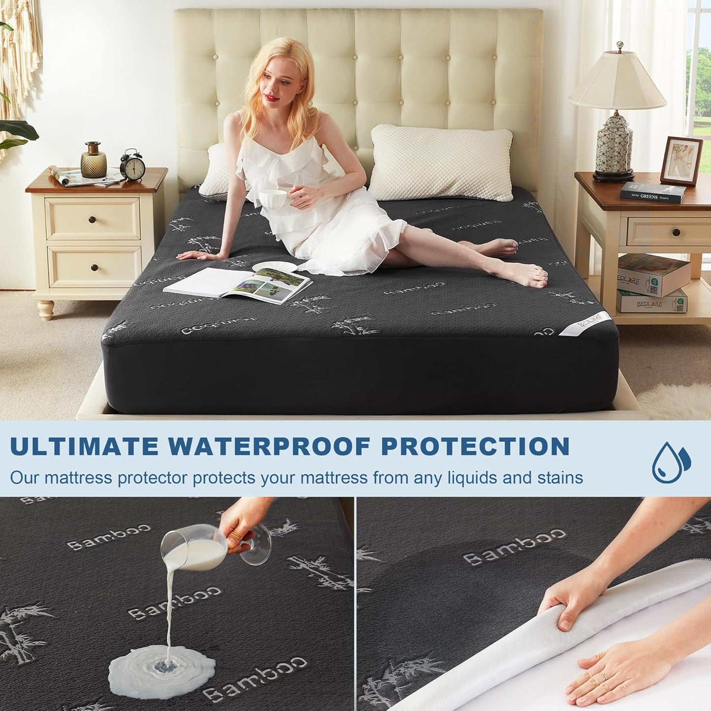 BEDLORE King Size Waterproof Mattress Protector Viscose Derived from Bamboo, Soft Mattress Cover Fitted with Deep Pocket 6"-18", Breathable & Cooling Noiseless Mattress Pad, Machine Washable(Gray)