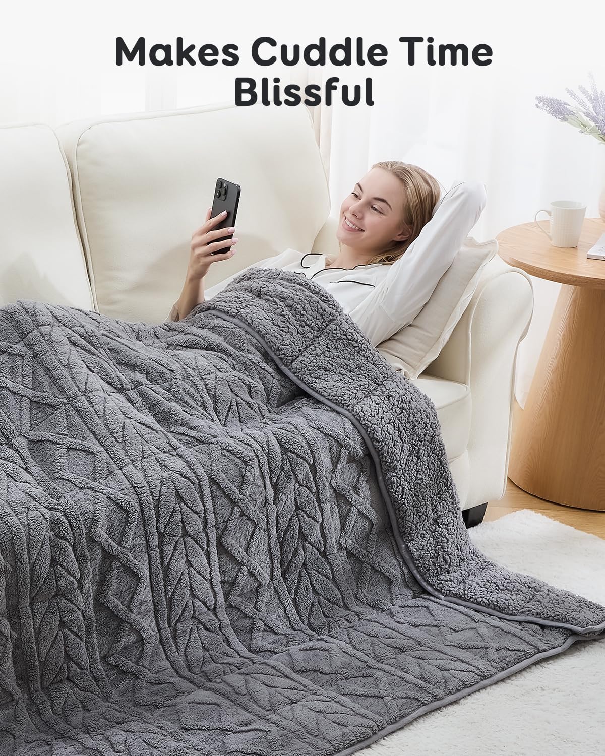 Sivio Weighted Blanket Full Size 12 lbs for Adults, Sherpa Fleece Weighted Blanket Jacquard Heavy Blanket for Sleeping, Reversible Super Soft Warm Cozy Fluffy Blanket for Adult, 48 x 72inches, Grey